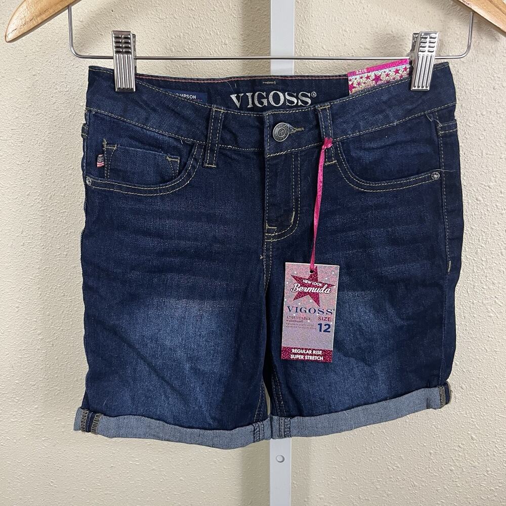 NWT Vigoss Thompson Bermuda Denim Shorts Girls Size 12 Stretch Adjustable Waist
